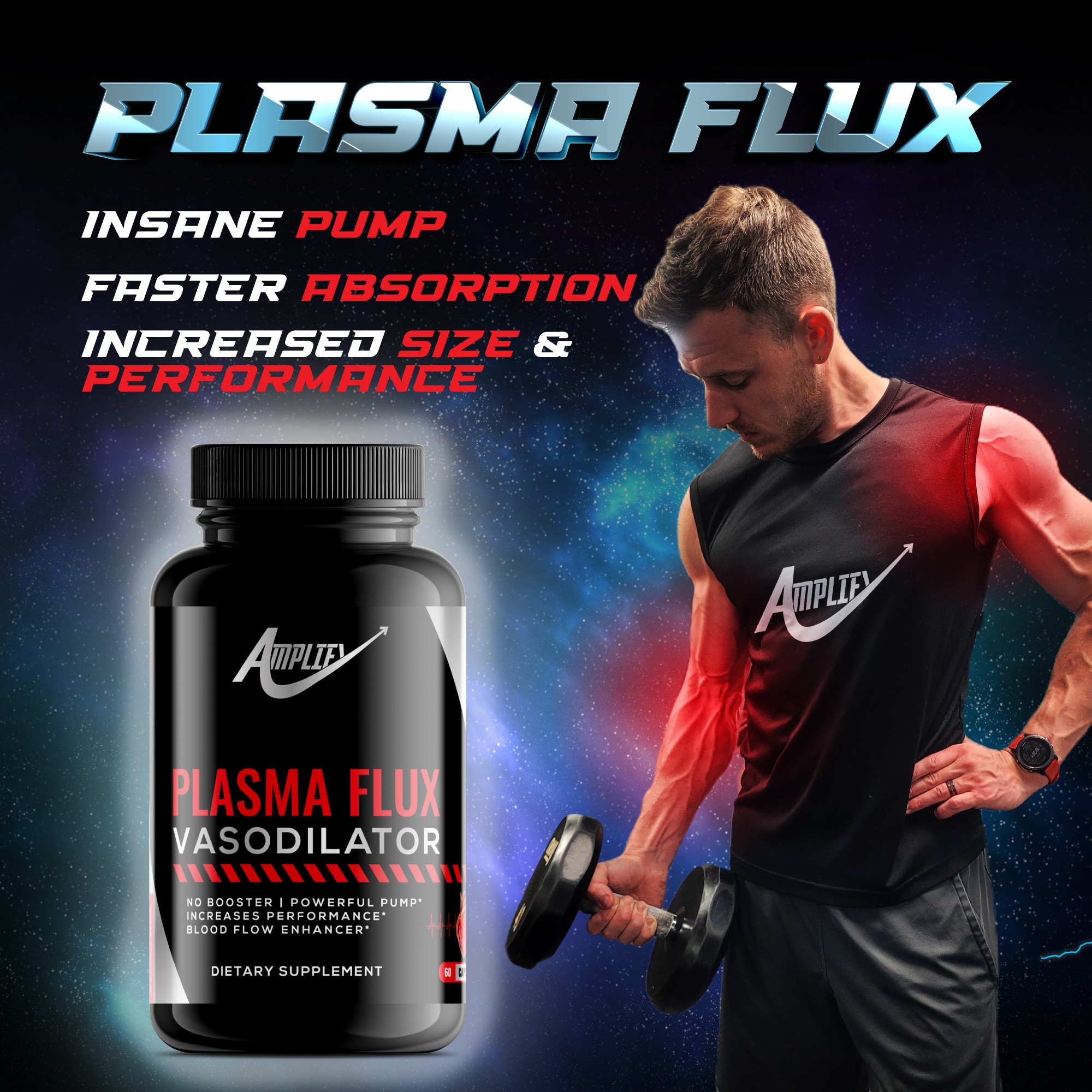 - Insane pump - Faster absorption - Increased size & performance  Plasma Flux is an effective vasodilator, promoting blood flow around your body for improved function and health. Ensure your tissues get supplied with all their nutrients and assist in waste removal by improving circulation. Additional benefits include lower blood pressure and improved cognition.  Combine with ‘GET AMPED’ for the best results prior to exercise.  Arginine - A precursor to endothelial-nitric oxide synthase (eNOS) production. In turn, nitric oxide released relaxes the smooth muscle of the vascular system to produce vasodilation. It may also act on muscle tissue to increase protein synthesis via iNOS mTOR activation, stimulate mitochondrial biogenesis via nNOS activation and fatty acid oxidation in adipose cells.  Arginine AKG - Arginine Alpha Ketoglutarate is a salt of the amino acid arginine and alpha-ketoglutaric acid  Citrulline - L- Citrulline increases L-arginine circulation in the blood to a greater extent than oral arginine supplementation alone. It bypasses arginase enzymes in the intestines and liver resulting in higher concentrations serving as substrates for endothelial-nitric oxide synthase (eNOS) production.  Citrulline malate - Citrulline plus malate acid which increases absorption rates